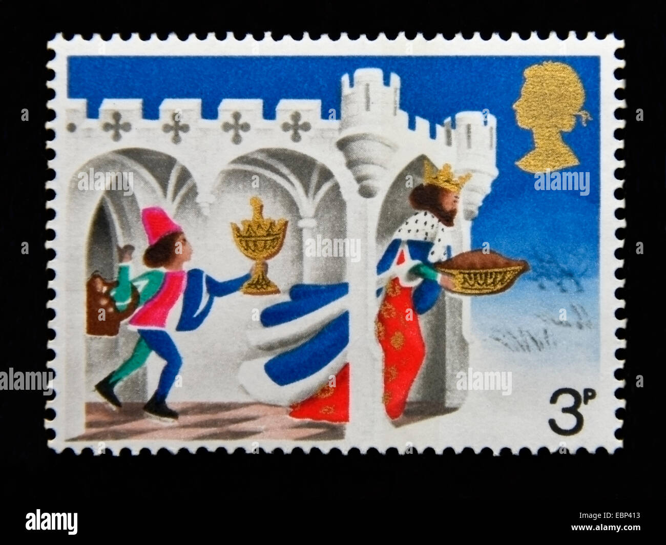 Timbre-poste. La Grande-Bretagne. La reine Elizabeth II. 1973. Noël. Bon roi Venceslas. "Apportez-moi la chair et m'apporter du vin'. 3p. Banque D'Images