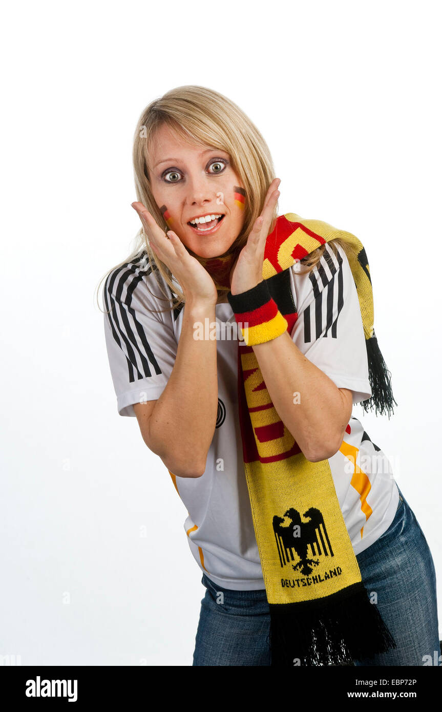 Femme blonde fan de foot avec foulard, Allemagne Banque D'Images