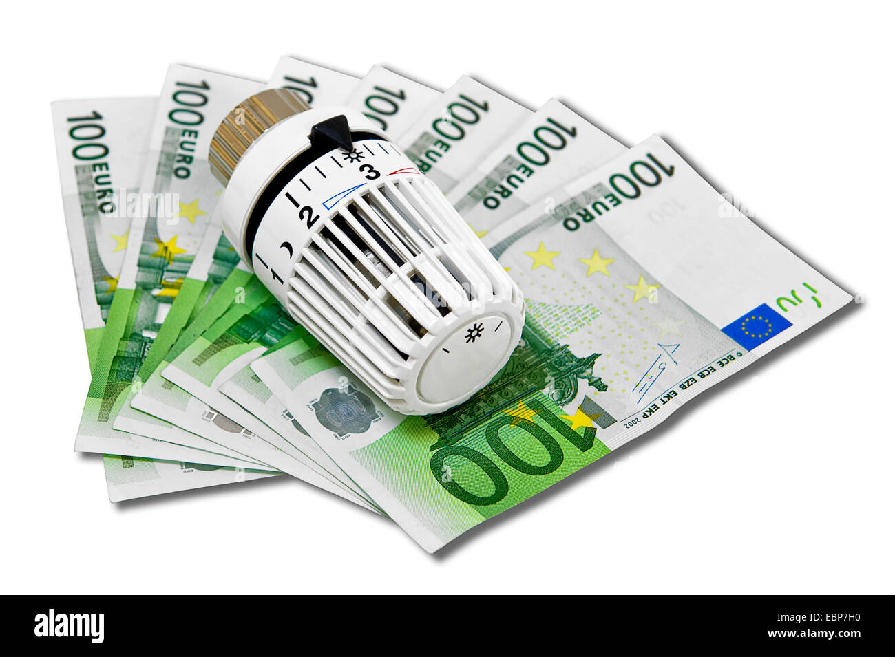 Le thermostat d'un chauffage avec 1oo Euro bills Banque D'Images