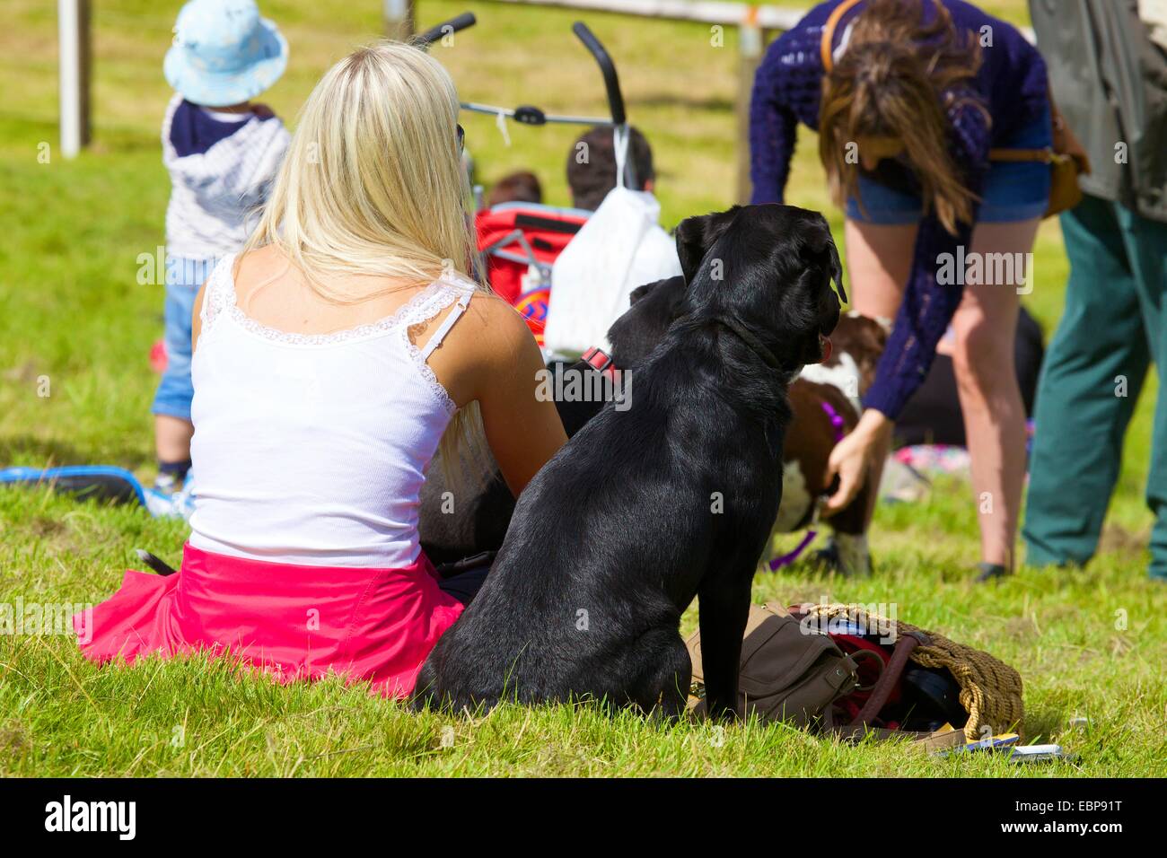 Femme et chien regardant des événements survenus à Lowther Show, Lowther Estate, Lowther, Penrith, Cumbria. Banque D'Images