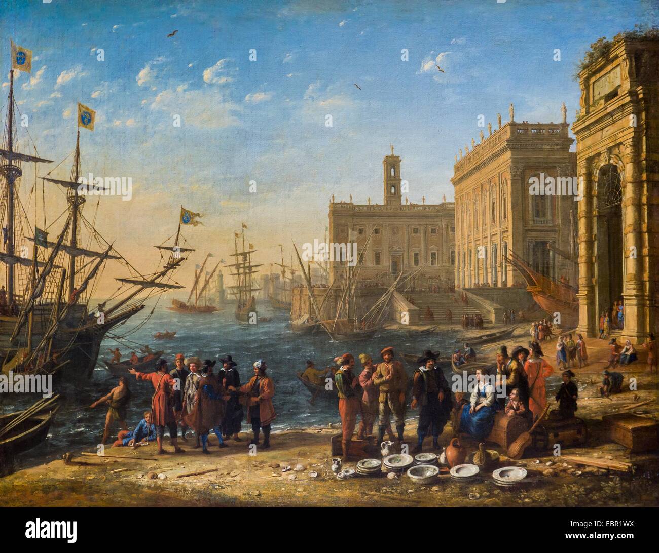 ActiveMuseum 0001897.jpg / Vue sur le port avec le Capitole, 1636 - Claude Gellee connu comme Claude Lorrain Cette vue d'un port romain et son complément, la vue du Campo Vaccino, sont les seuls exemples de Claude Lorrain à travaux de comités, l'un d'accompagnement représentant les anciens monuments de Rome, l'autre les bâtiments modernes de la Ville Éternelle. Huile sur toile 25/09/2013 - 17e siècle / Collection / Musée actif Banque D'Images