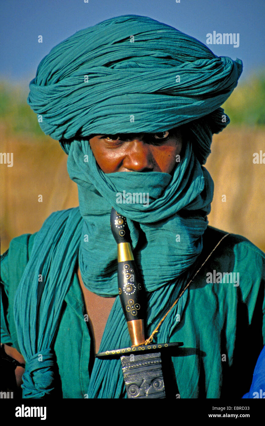 Homme touareg avec tagelmust vert, Mali Banque D'Images