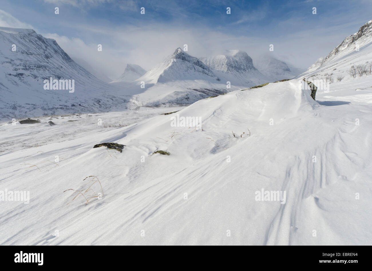 Vue d'Vistasdalen valley, la Suède, la Laponie, Norrbotten, Kebnekaisefjell Banque D'Images