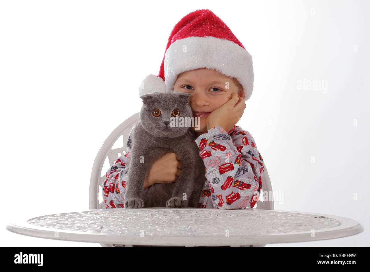 Chat domestique, le chat domestique (Felis silvestris catus) f., petit garçon en pyjama avec Santa┤s hat assis à une table avec un chat dans le bras Banque D'Images