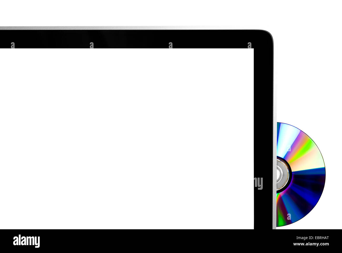 CD éjecté de l'ordinateur moderne avec écran blanc pour copie espace isolated on white Banque D'Images