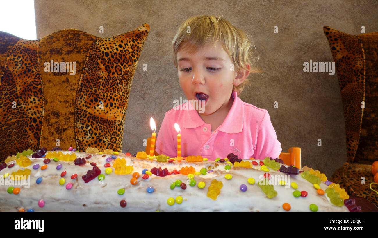 Petit garçon avec gâteau d'anniversaire géant Banque D'Images