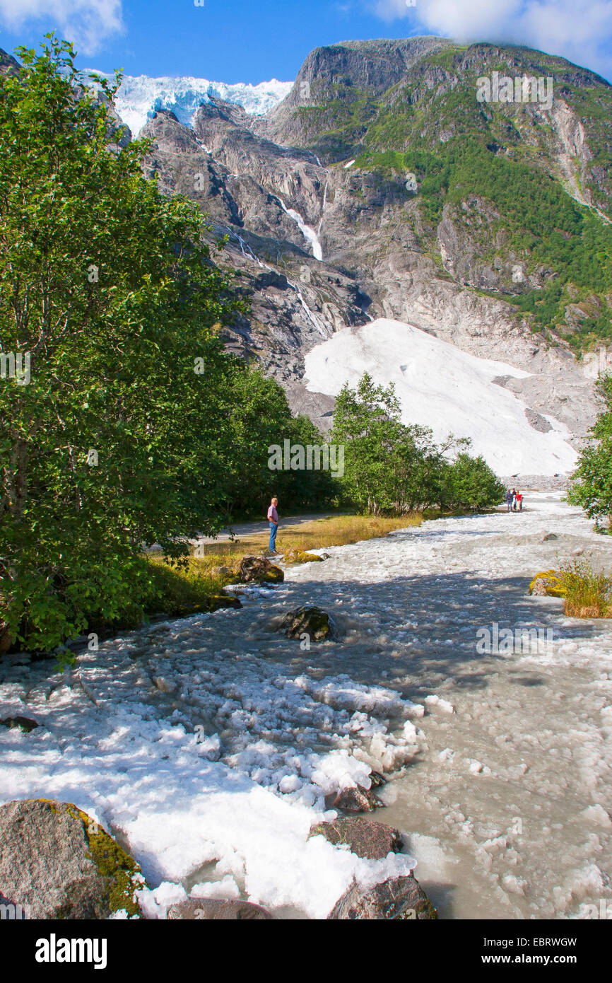 Flux de glace de glacier avec glacier, la Norvège, le Parc National de Jostedalsbreen, Supphella Banque D'Images