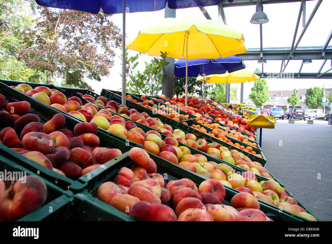 Stand de fruits en face d'un supermarché, Allemagne Banque D'Images