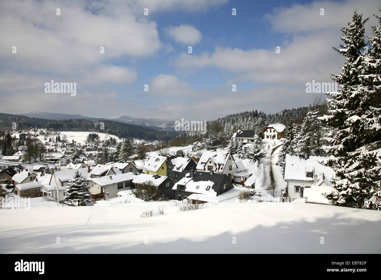 Village couvert de neige en forêt de Thuringe, Allemagne, Thueringer Wald, Stuetzerbach Banque D'Images