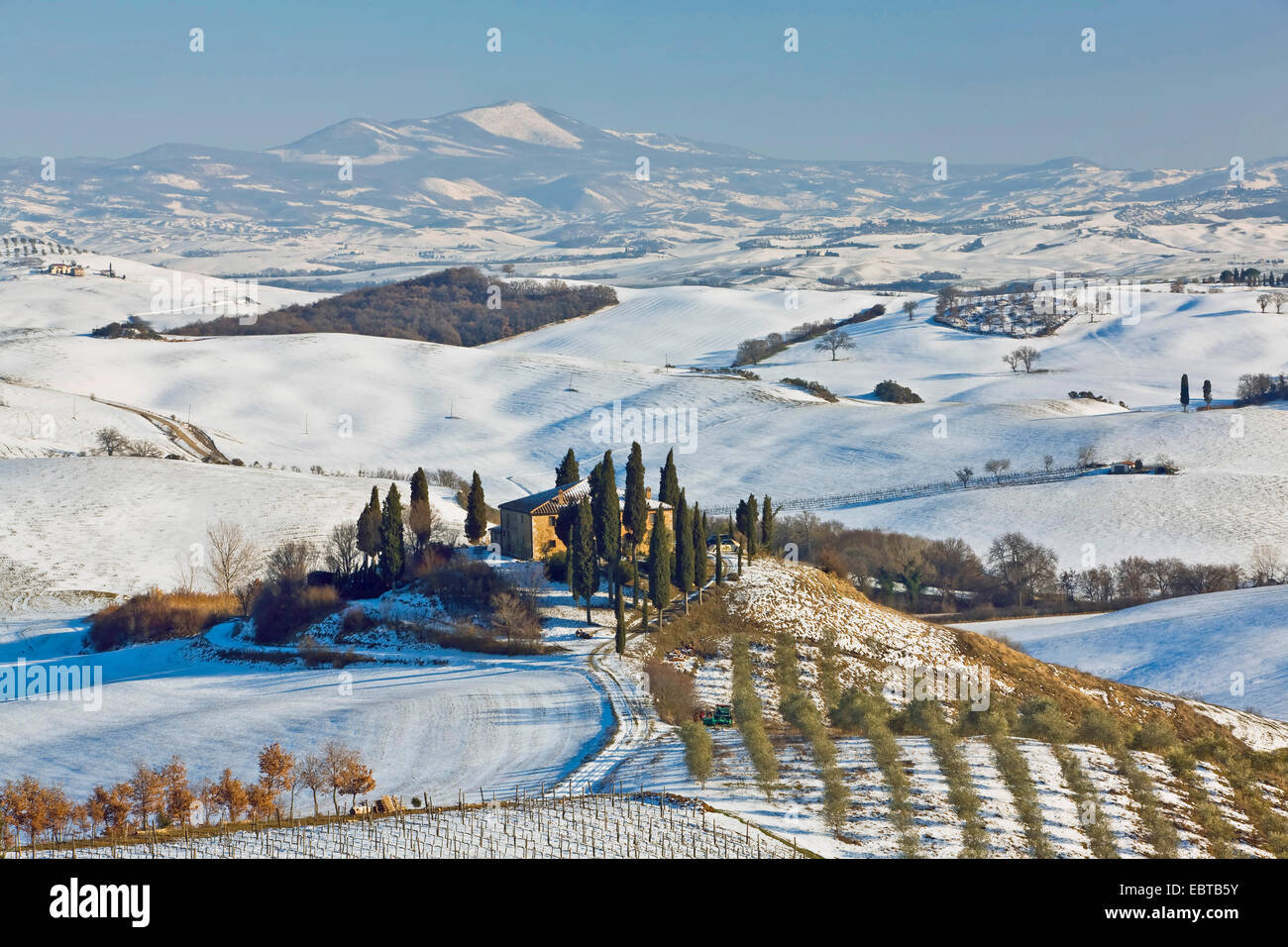 Podere Belvedere dans paysage couvert de neige, Italie, Toscane, San Quirico Banque D'Images