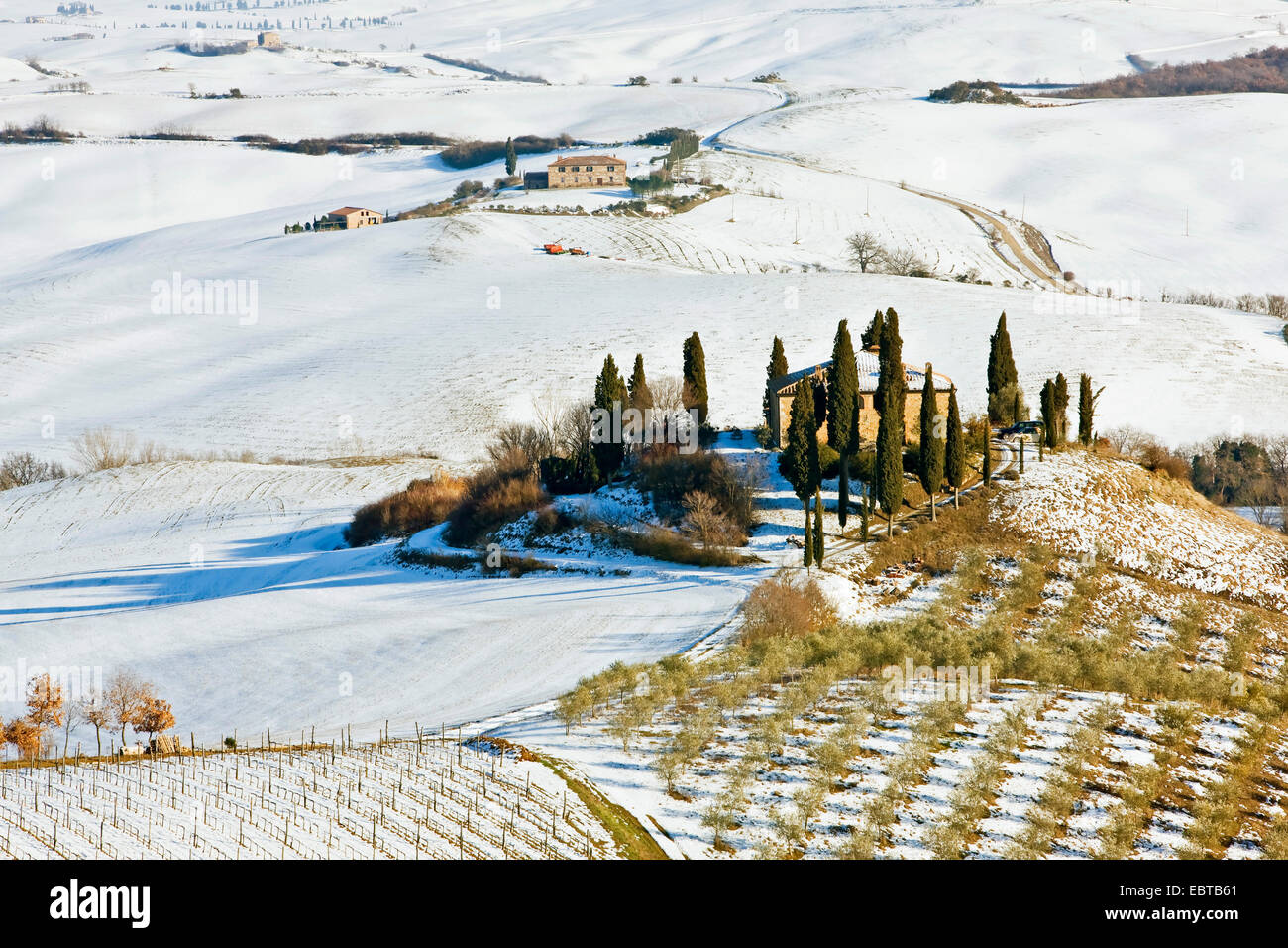 Podere Belvedere dans paysage couvert de neige, Italie, Toscane, San Quirico Banque D'Images