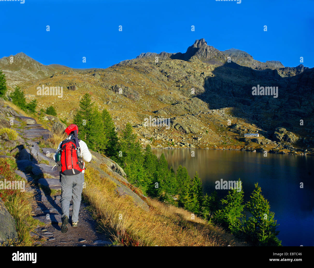Wanderer sur un chemin de randonnée près du lac Long supérieur, France, Alpes Maritimes, le Parc National du Mercantour, le Belvedere Saint Marin de Vesubie Banque D'Images