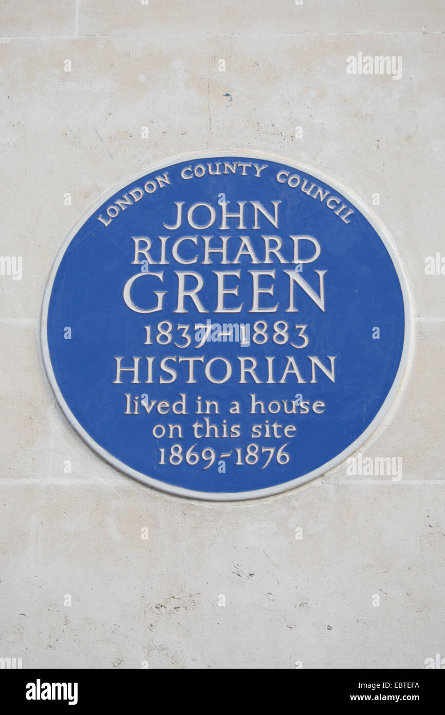 Le london county council blue plaque marquant l'emplacement d'une maison du 19ème siècle, l'historien John Richard Green Banque D'Images