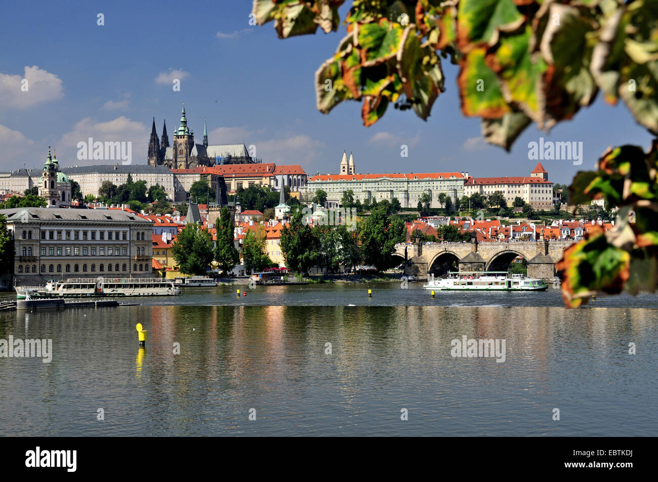 Vltava avec le pont Charles et le château de Prague sur HradÞany hill, en République tchèque, la Bohême, Prague Banque D'Images