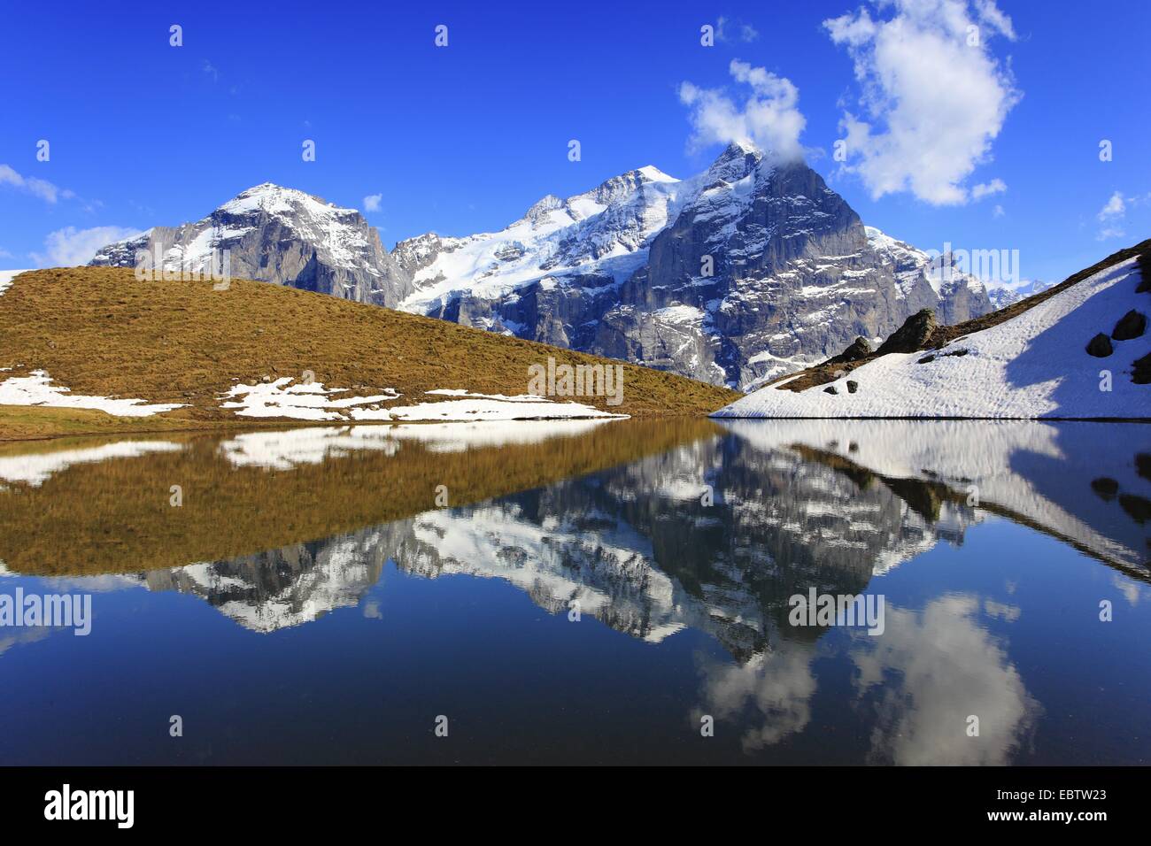 Vue sur Lac de montagne dans le Reichenbachtal au montagnes neige-couvertes Wellhorn et Wetterhorn, Suisse, Berne, Oberland Bernois, Rosenlauital Banque D'Images