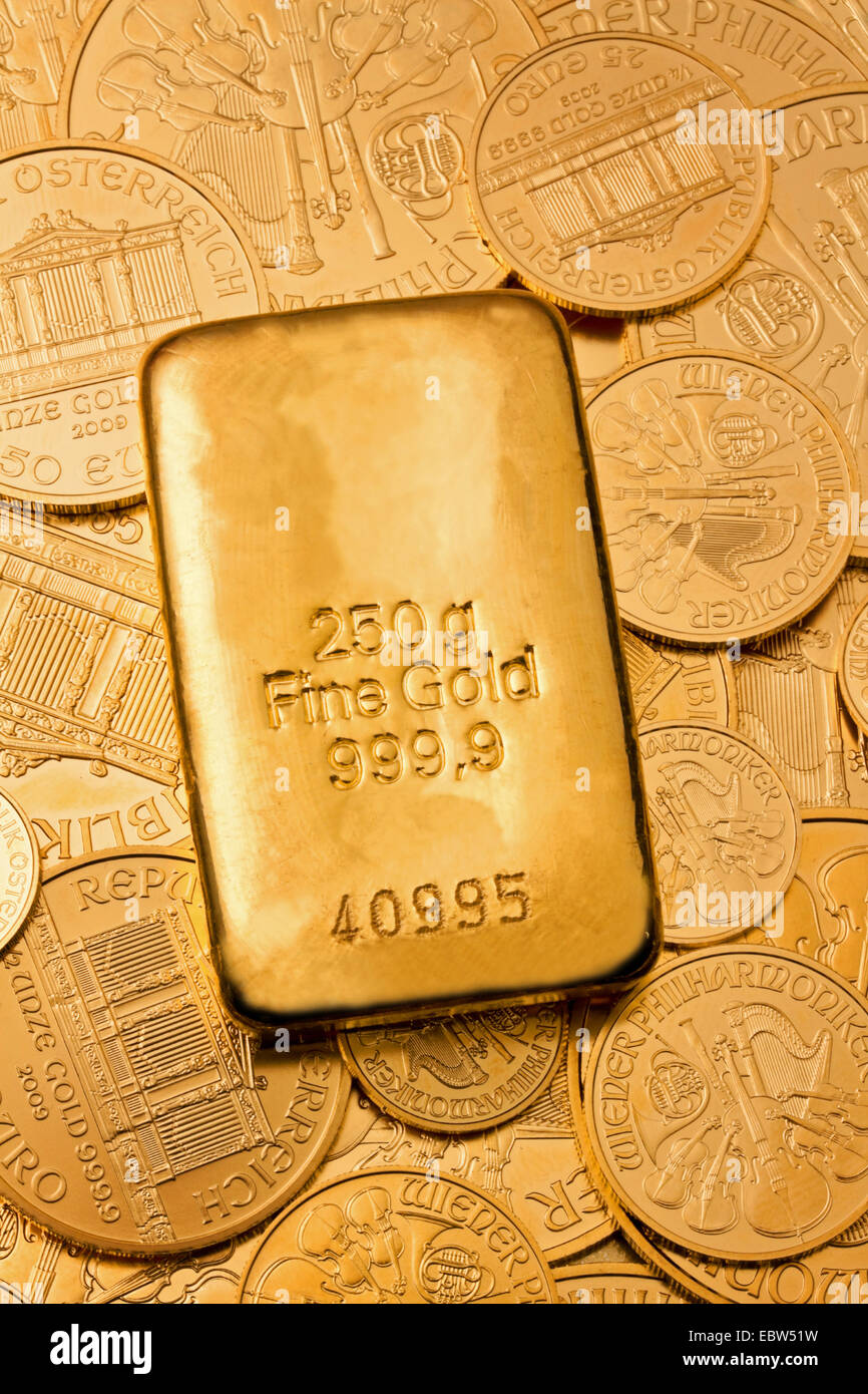 Gold Bullion sur des pièces d'or, 250 g d'or fin, 999,9, Autriche Banque D'Images