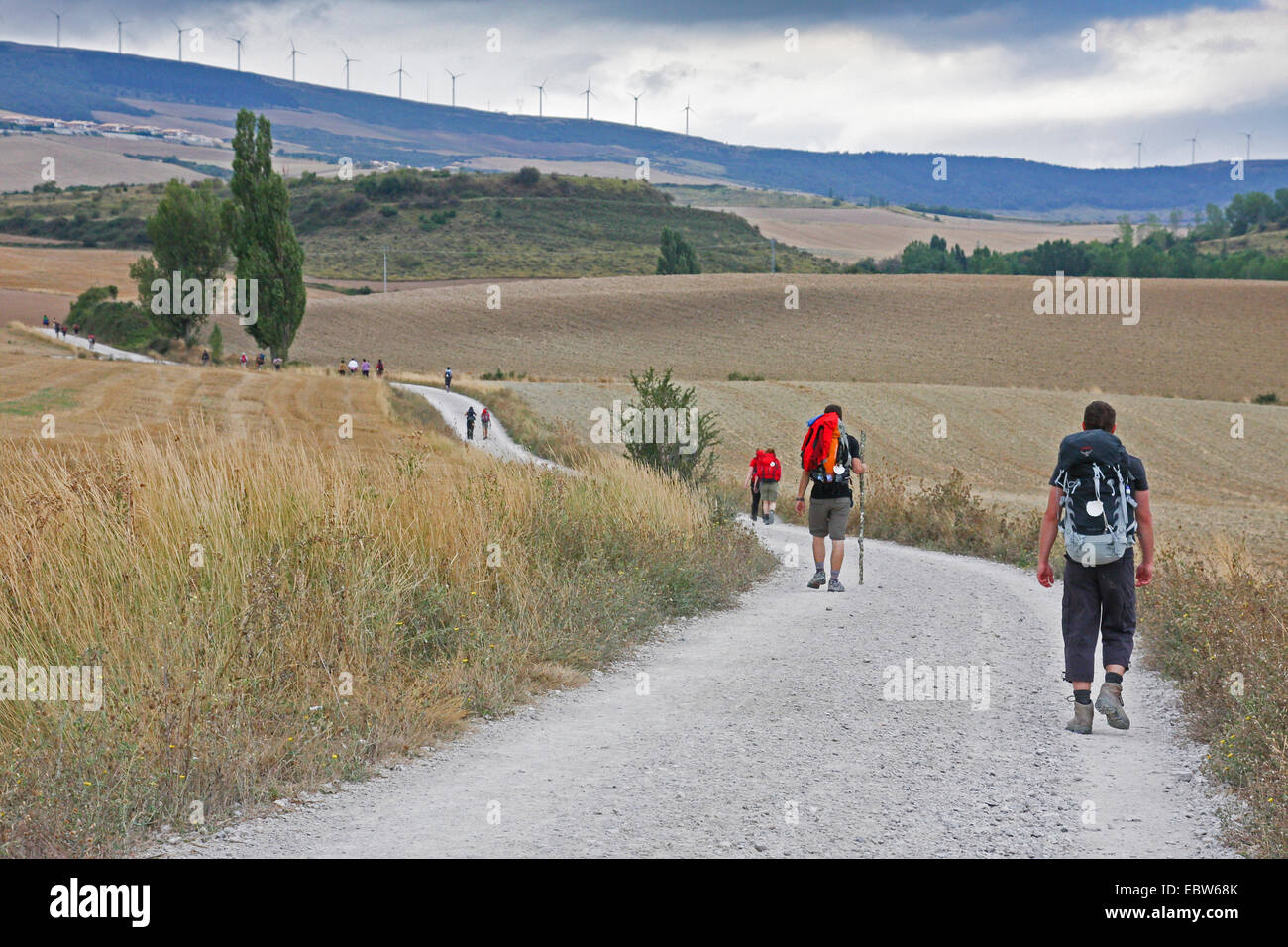 Deux pèlerins sur la route de Pampelune à Alto del Perd¾n, Espagne, Pays Basque, Navarre Banque D'Images