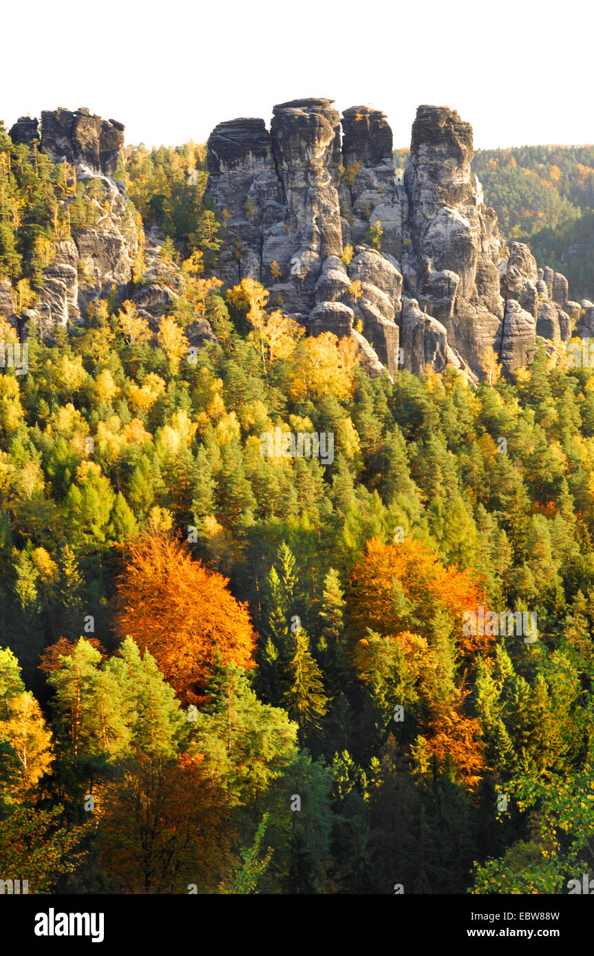 Vue à partir de la Bastei en automne, l'Allemagne, la Saxe, Nationalpark Saechsische Schweiz, Elbsandsteingebirge Banque D'Images