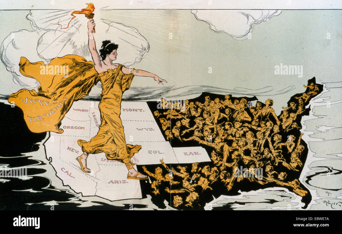 L'éveil - caricature politique montre une torche femelles marqués 'Voix de Femmes', symbole de l'éveil de la femme au désir de suffrage, enjamber les états de l'ouest, où la femme avait déjà le droit de vote, à l'Est, où les femmes s'adressent à elle. 1915 Banque D'Images