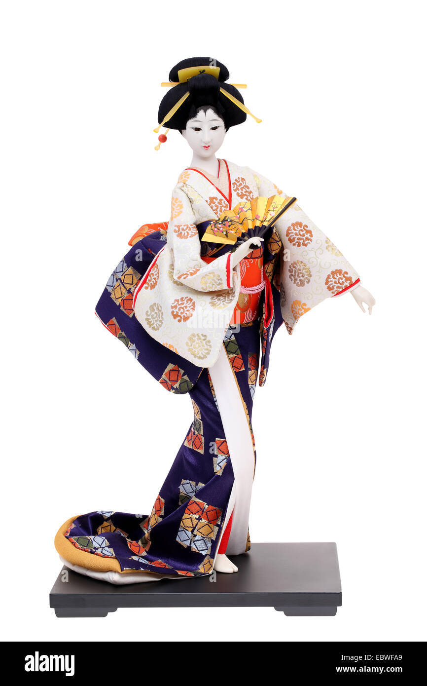 Poupée geisha japonaise traditionnelle isolé sur fond blanc Banque D'Images
