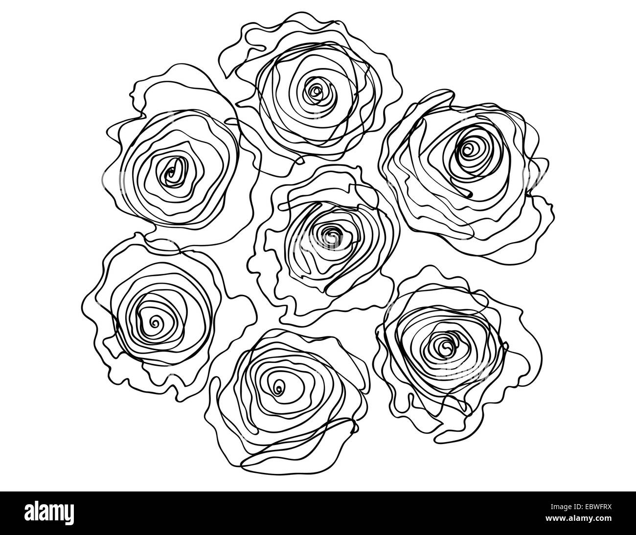 Illustration noir et blanc élégant d'un bouquet de sept roses Banque D'Images