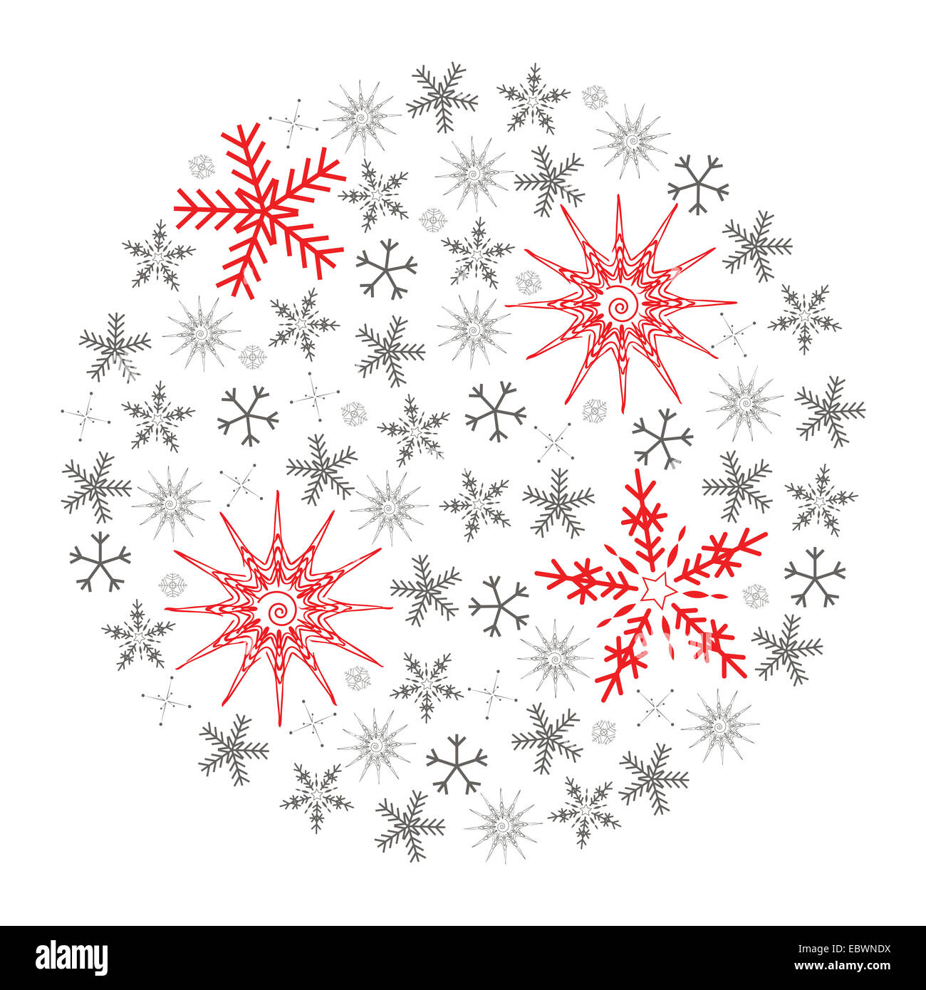 Illustration de flocon de neige de Noël isolé sur fond blanc et plein de petits gris et quatre plus grands flocons rouge Banque D'Images