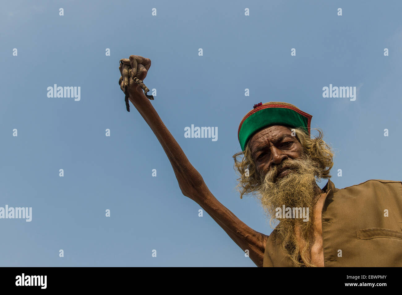 Juna Akhara Shiva de sadhu, saint homme, la pratique de Urdha Tapa, levant un bras depuis de nombreuses années pour des raisons spirituelles, à la Banque D'Images
