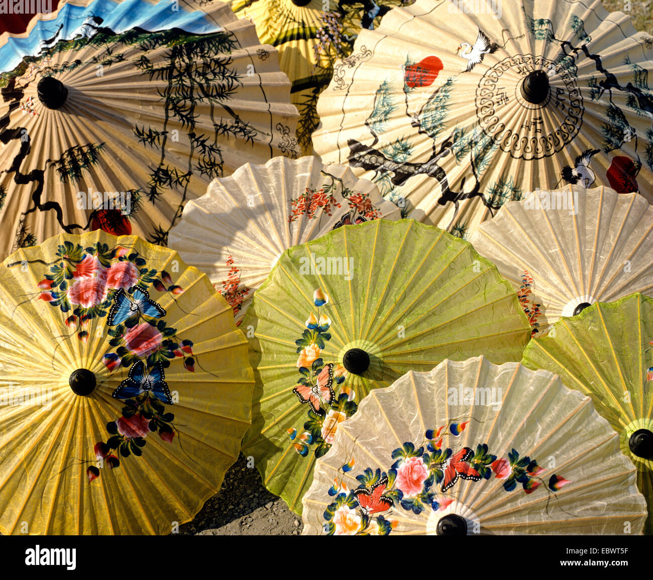 Parasol peinture, papier parasols avec motifs floraux, Bo Sang, Chiang Mai, Thaïlande du Nord, Thaïlande Banque D'Images