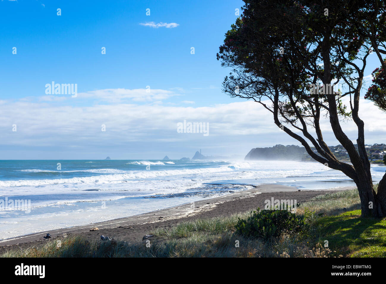 Plage avec surf, vues vers New Plymouth, Taranaki, Oakura, Nouvelle-Zélande Région Banque D'Images