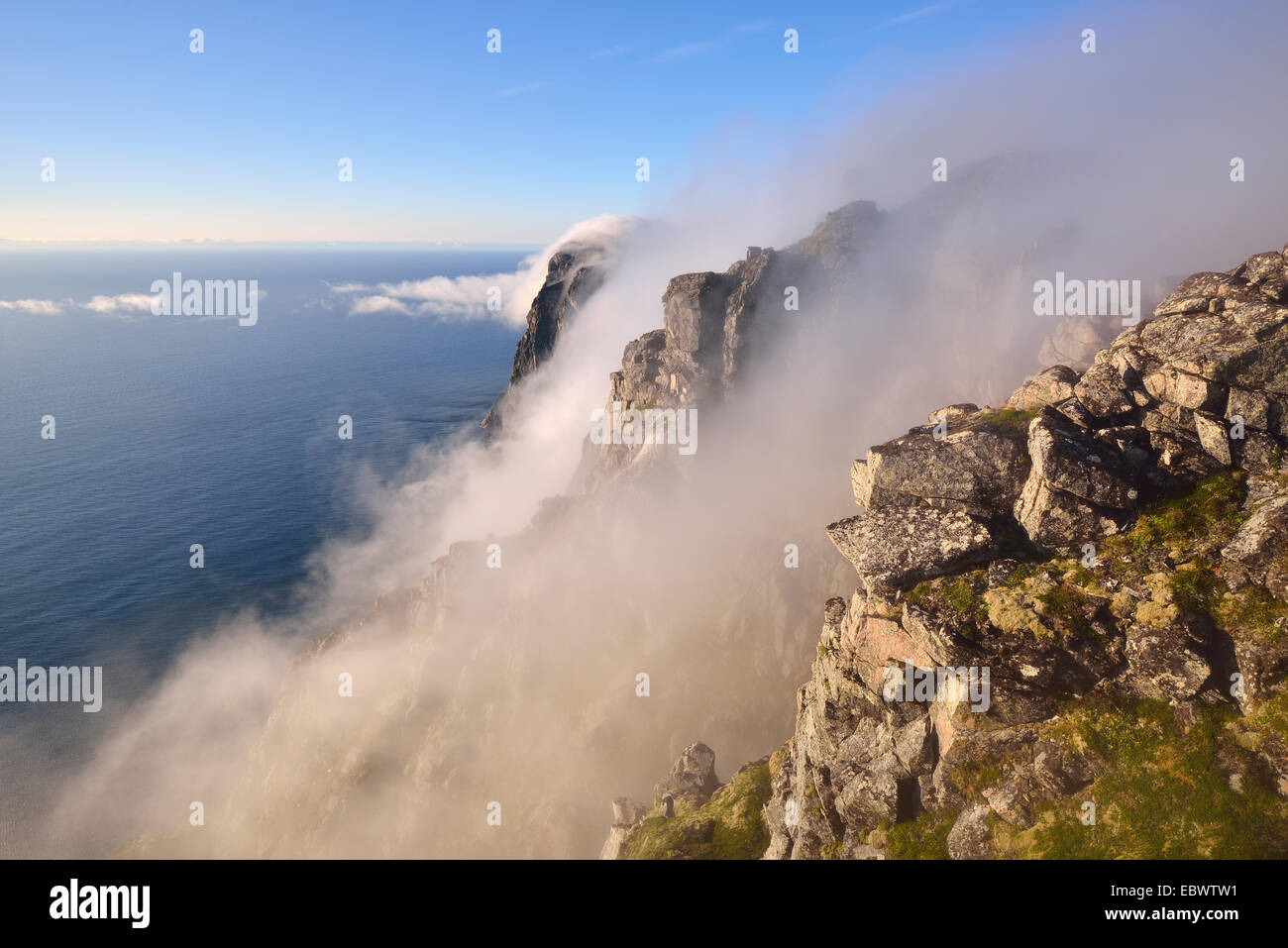 Le brouillard tombe vers le bas d'une falaise sur la mer, la montagne, l'île de Moskenesøy Ryten, Lofoten, Norvège Banque D'Images