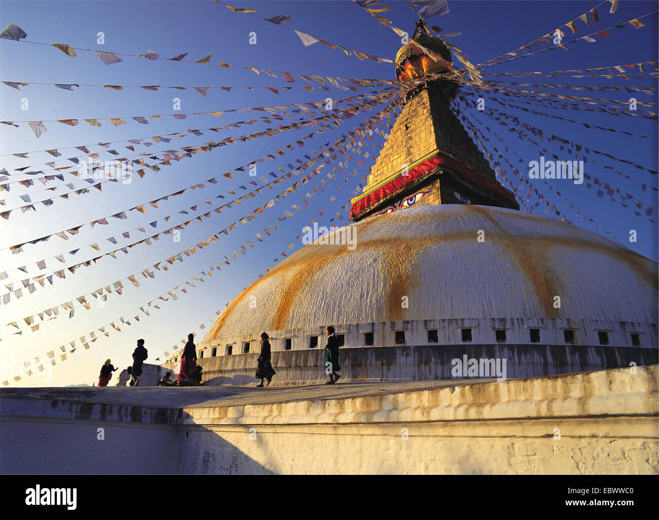 Le Grand Stupa dans le quartier tibétain à Boddnath Bauda Kathandu ou dans la vallée, au Népal, Katmandou, Boddnath Banque D'Images