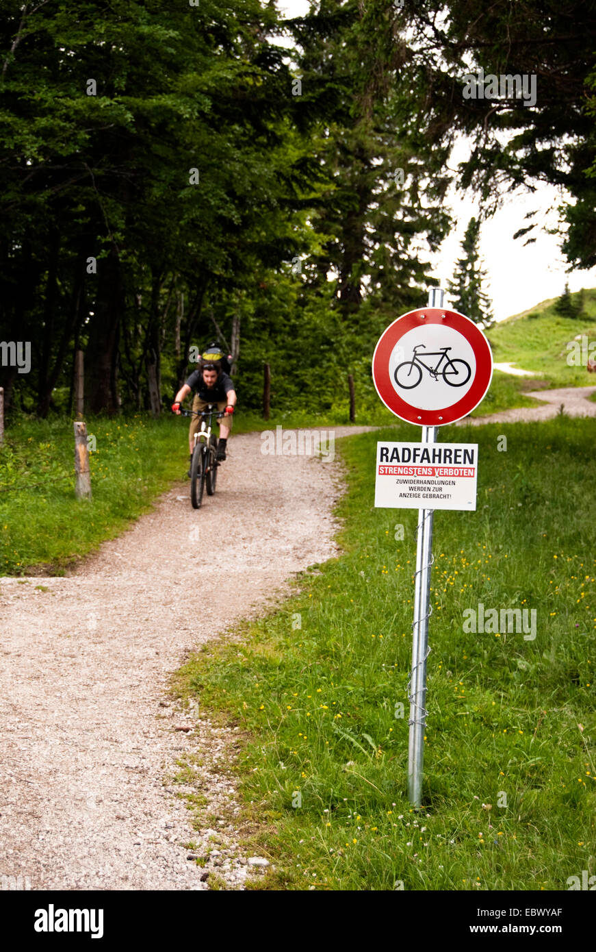 Mountainbiker sur un chemin avec interdiction de signer pour le trafic vélo, Autriche Banque D'Images