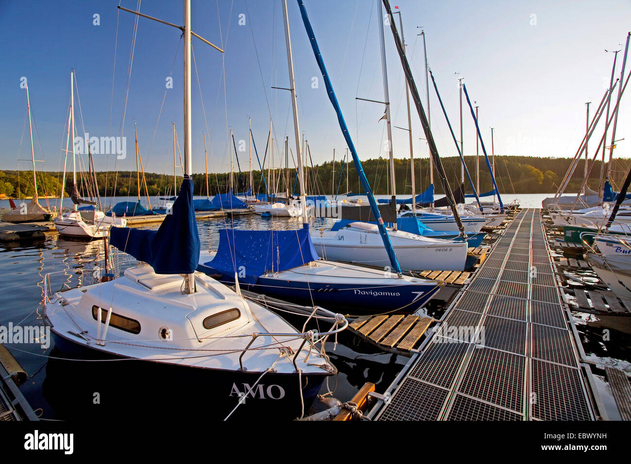 Ponton avec de nombreux bateaux à voile au lac Moehne au soleil du soir, l'Allemagne, en Rhénanie du Nord-Westphalie, Rhénanie-Palatinat, Moehnesee Banque D'Images