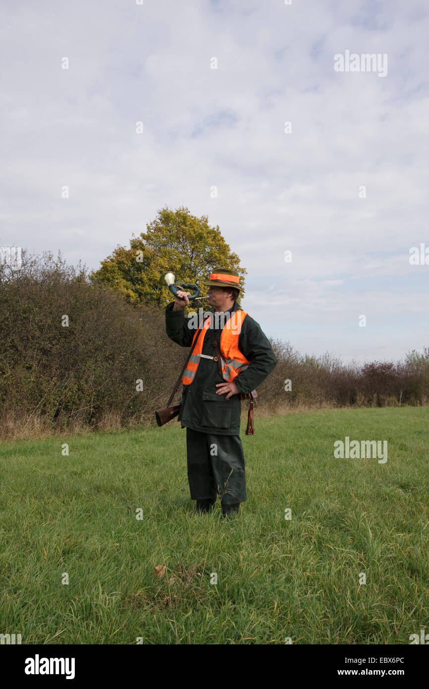 Cor de chasse appelant la soufflante de la battue, Allemagne Banque D'Images