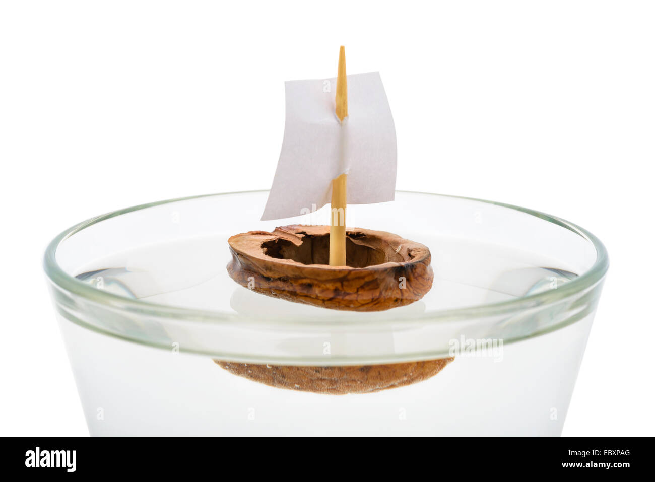 Macro d'une coquille de noix avec une voile de bateau, flottant dans un verre transparent rempli d'eau ou d'alcool. Banque D'Images