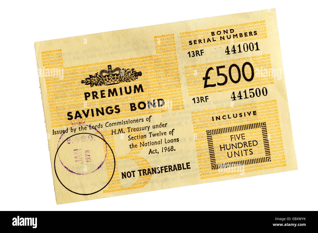 Une prime de 500 € a émis des obligations d'épargne dans les années 70. Banque D'Images