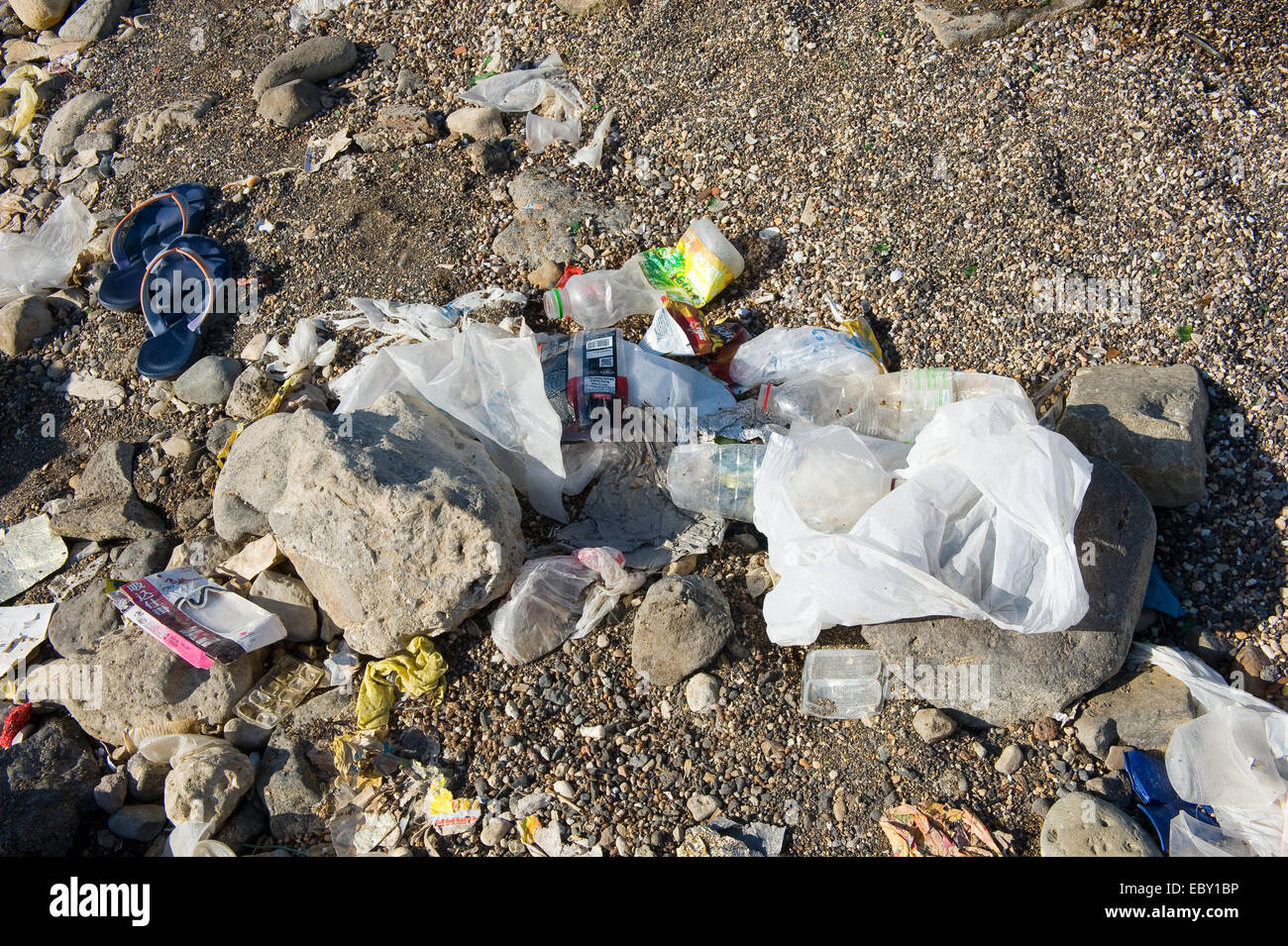 La pollution sur la plage du lac de Galilée en Israël Banque D'Images