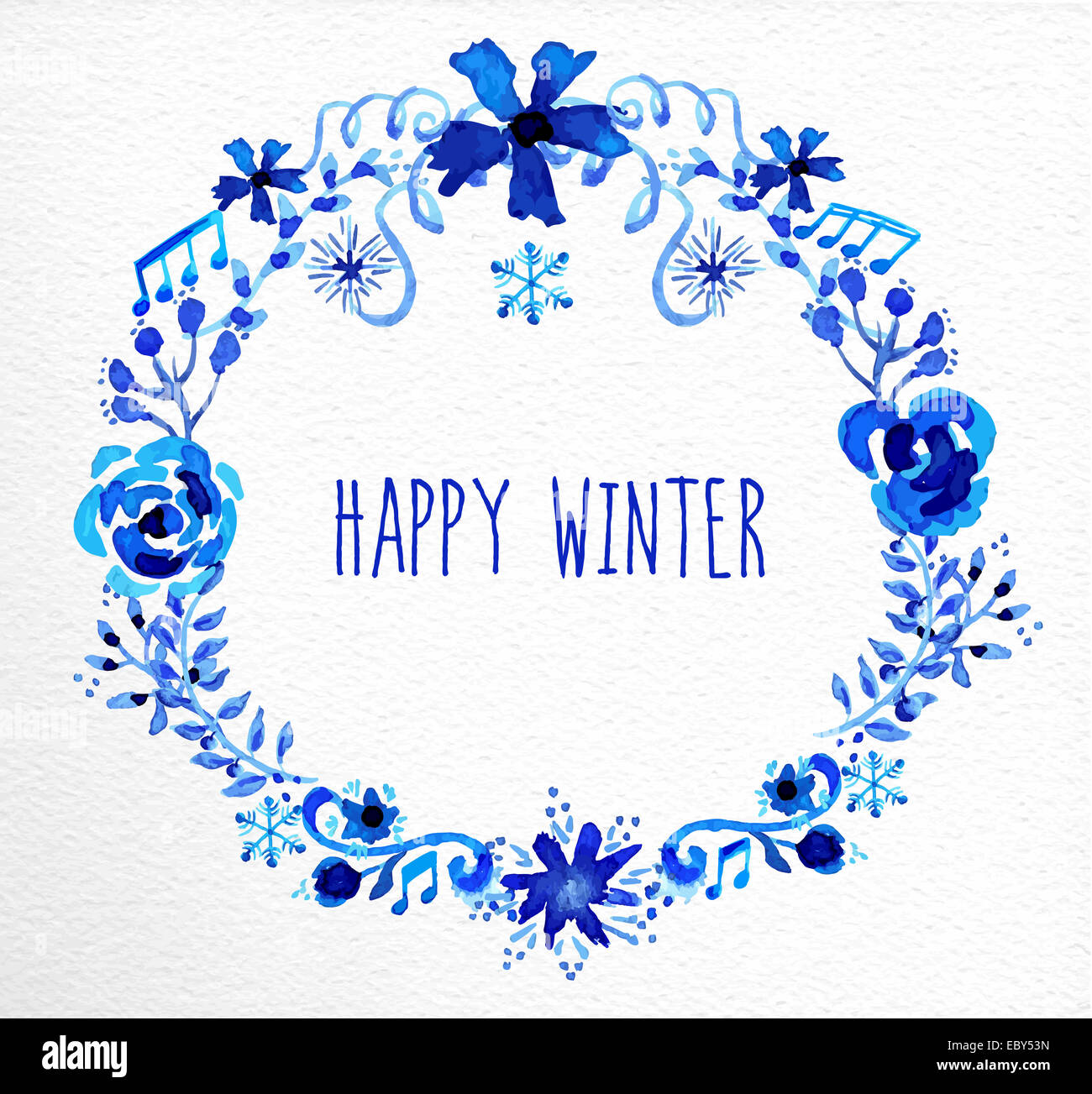 Heureux hiver garland avec fleurs et flocons bleu aquarelle éléments. Idéal pour la carte de vœux, imprimer une affiche ou un panneau de signalisation. Banque D'Images