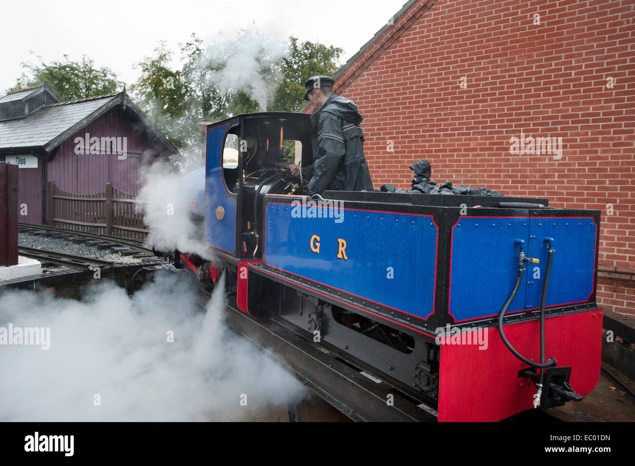 Le pilote de 10 Bleu et une jauge de 1/4 de pouce locomotive à vapeur no 1 'Alan Bloom' utilise ses injecteurs comme il déplace son moteur sur la ligne de jardin Banque D'Images