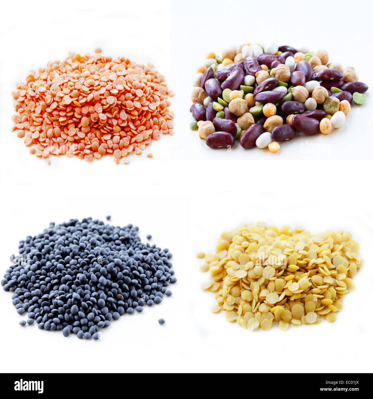 Collage de différents types de lentilles et haricots secs (rouge, noir, jaune) Banque D'Images