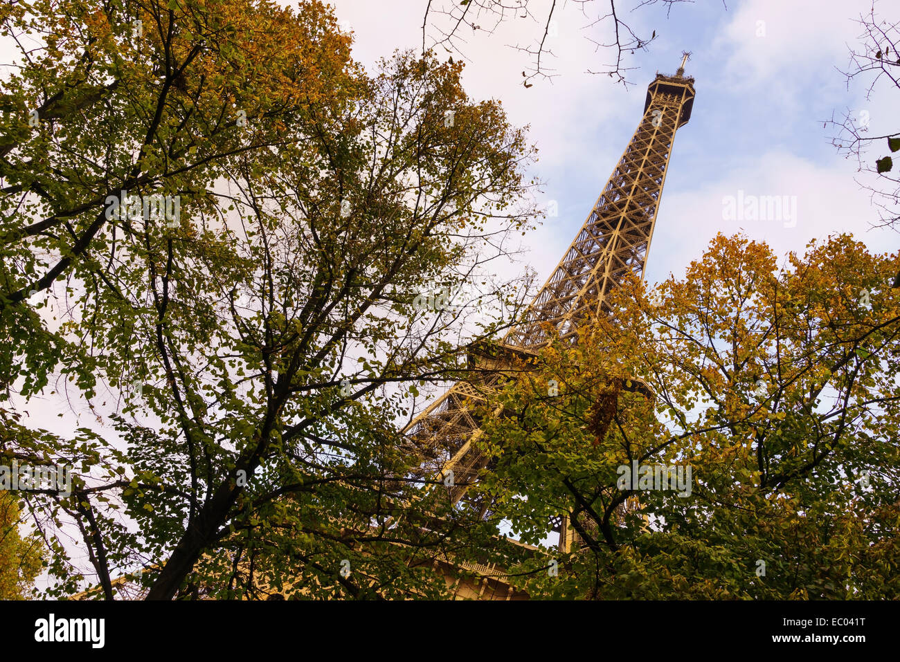 La Tour Eiffel vue à travers les arbres en automne. Paris, France. Banque D'Images