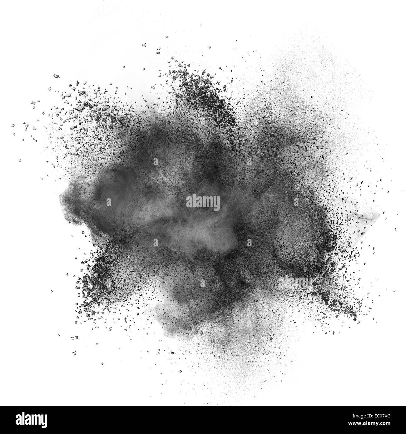 Explosion d'une poudre noire isolé sur fond blanc Photo Stock - Alamy