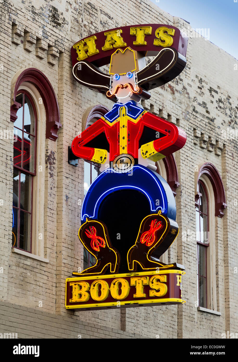 New York, Nashville, centre-ville, du quartier, chapeaux et bottes store sign Banque D'Images