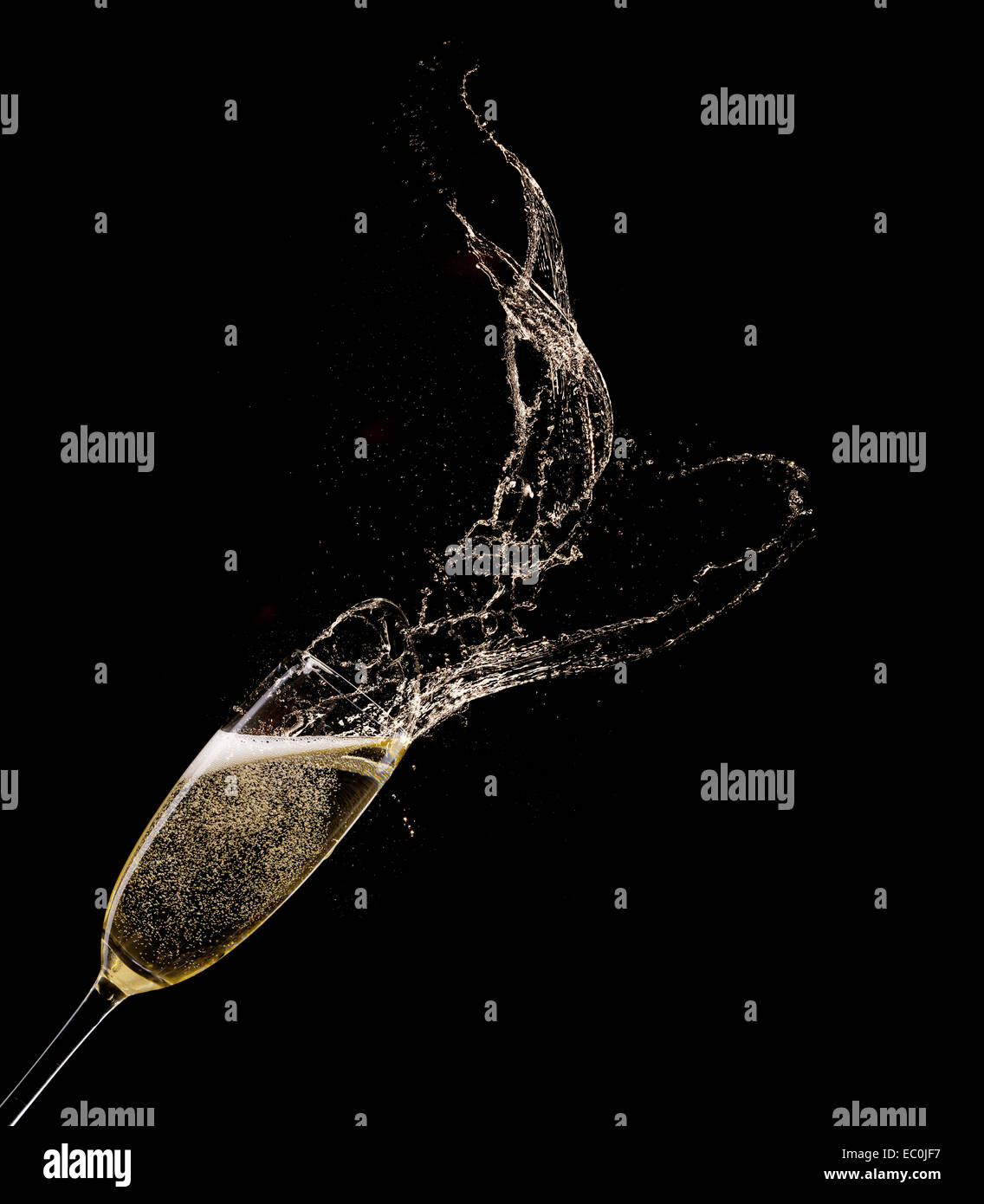 Verre de champagne avec splash, isolé sur fond noir Banque D'Images