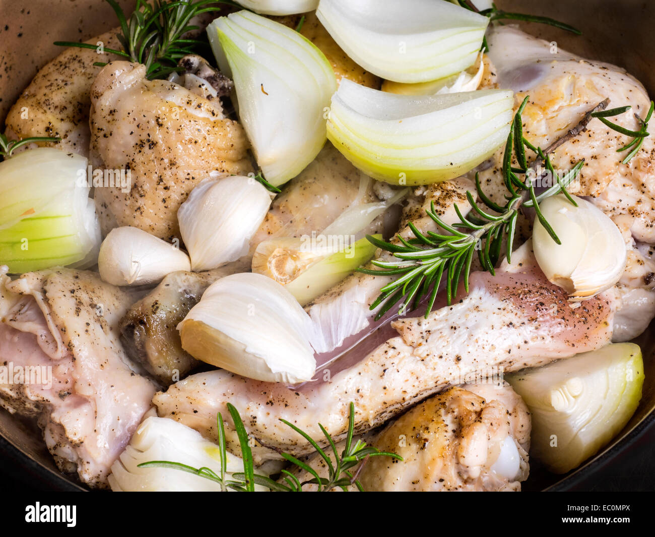 Casserole de poulet au romarin et beaucoup d'ail Banque D'Images