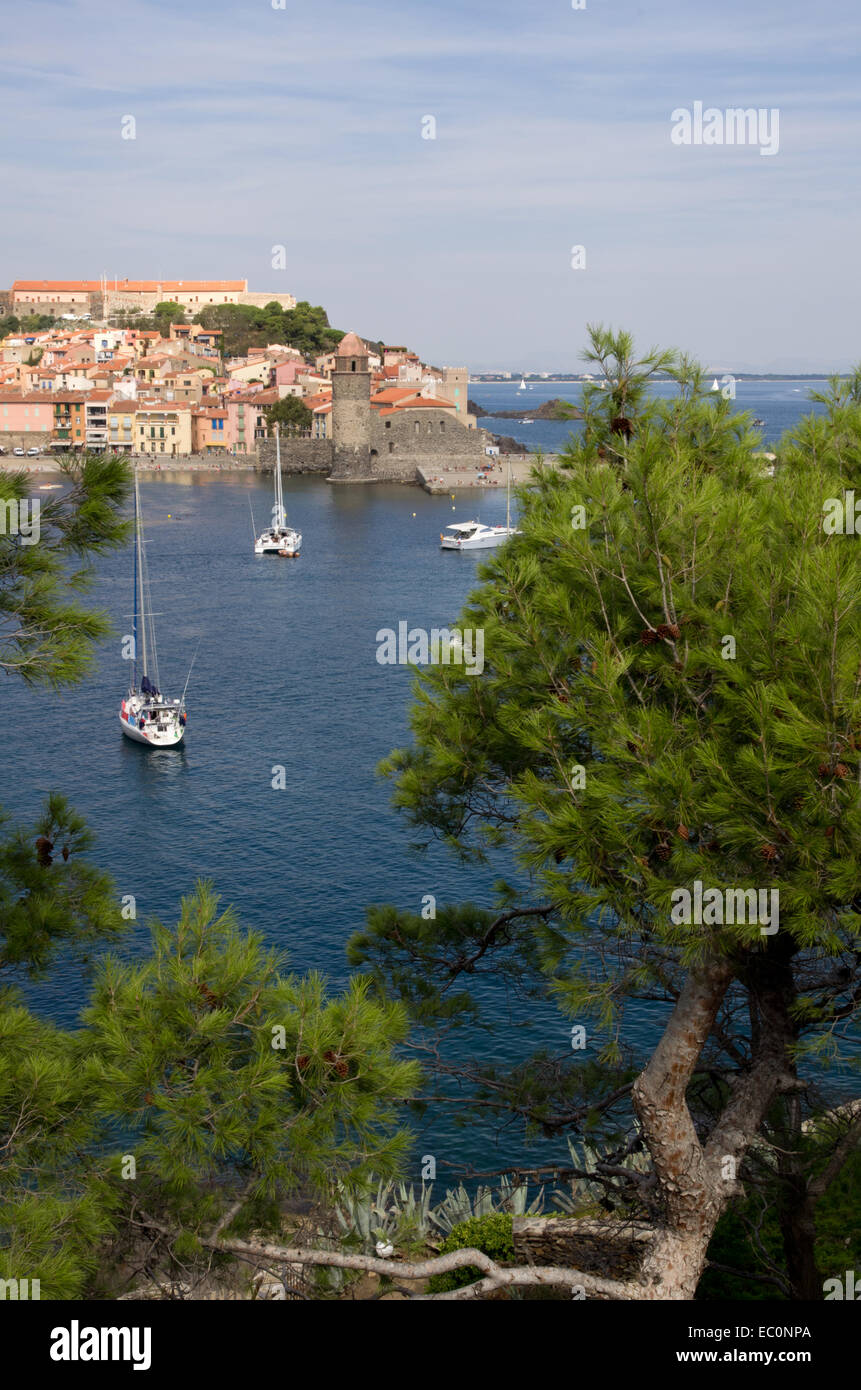 Le port et l'église de Collioure Banque D'Images