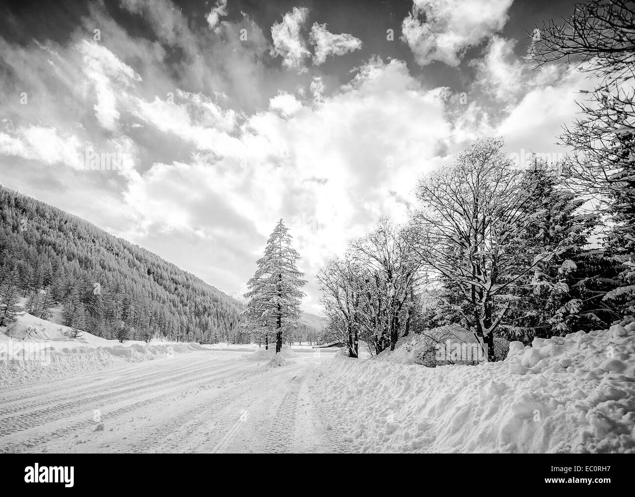 Magnifique paysage de montagne, une scène de routes rurales couvertes par la neige ; dispersés ciel nuageux ; conversion en noir et blanc. Banque D'Images