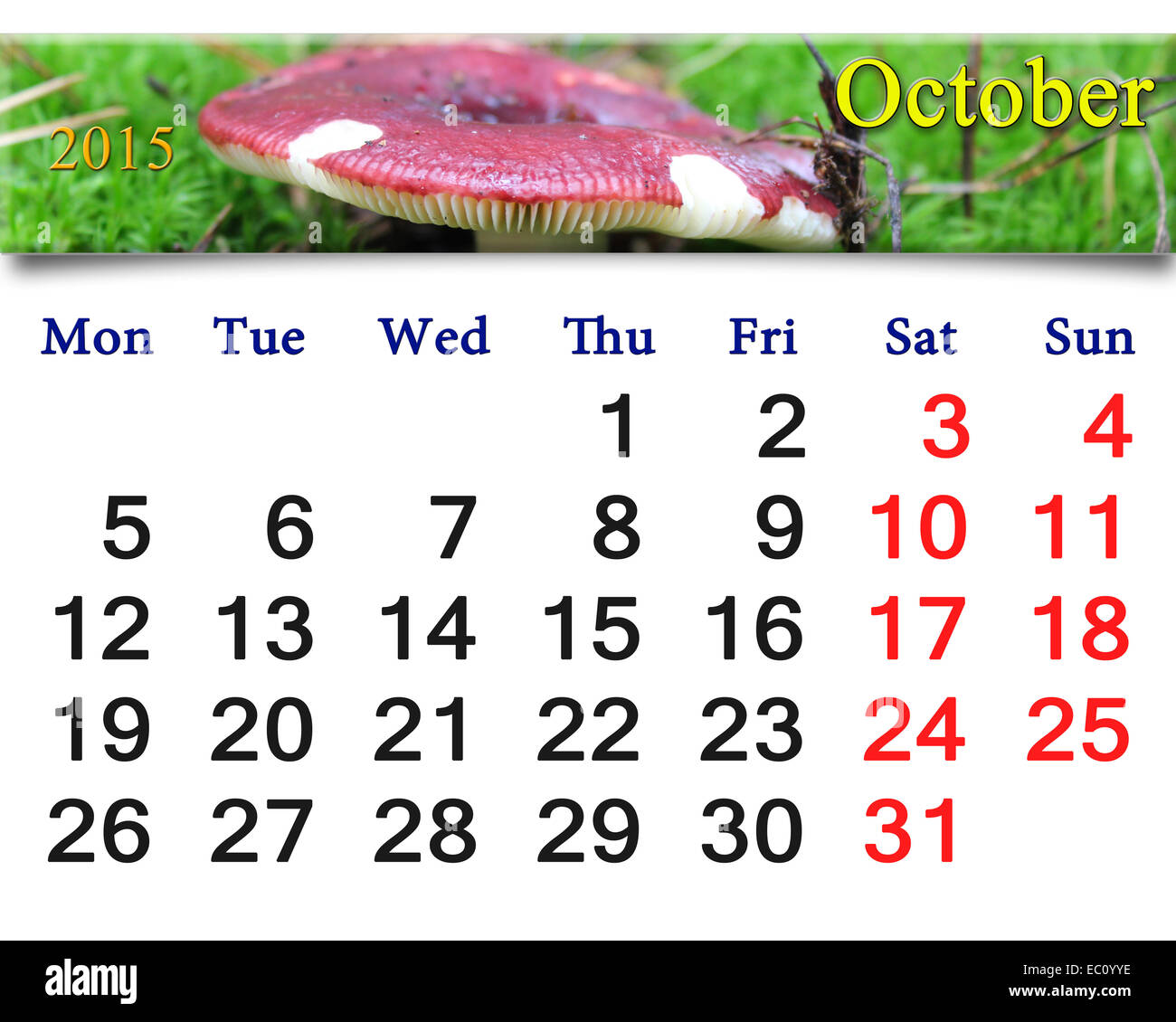 Calendrier pour Octobre de 2015 avec le ruban de champignons russula Banque D'Images