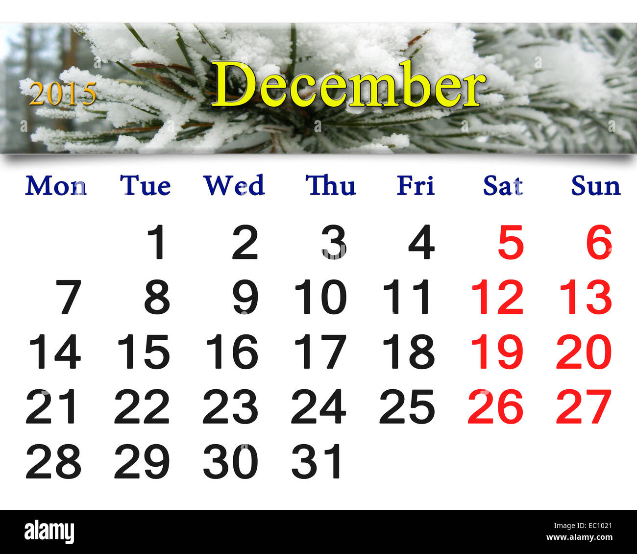 Beau calendrier pour le mois de décembre 2015 avec le ruban de l'épinette d'Evergreen Banque D'Images