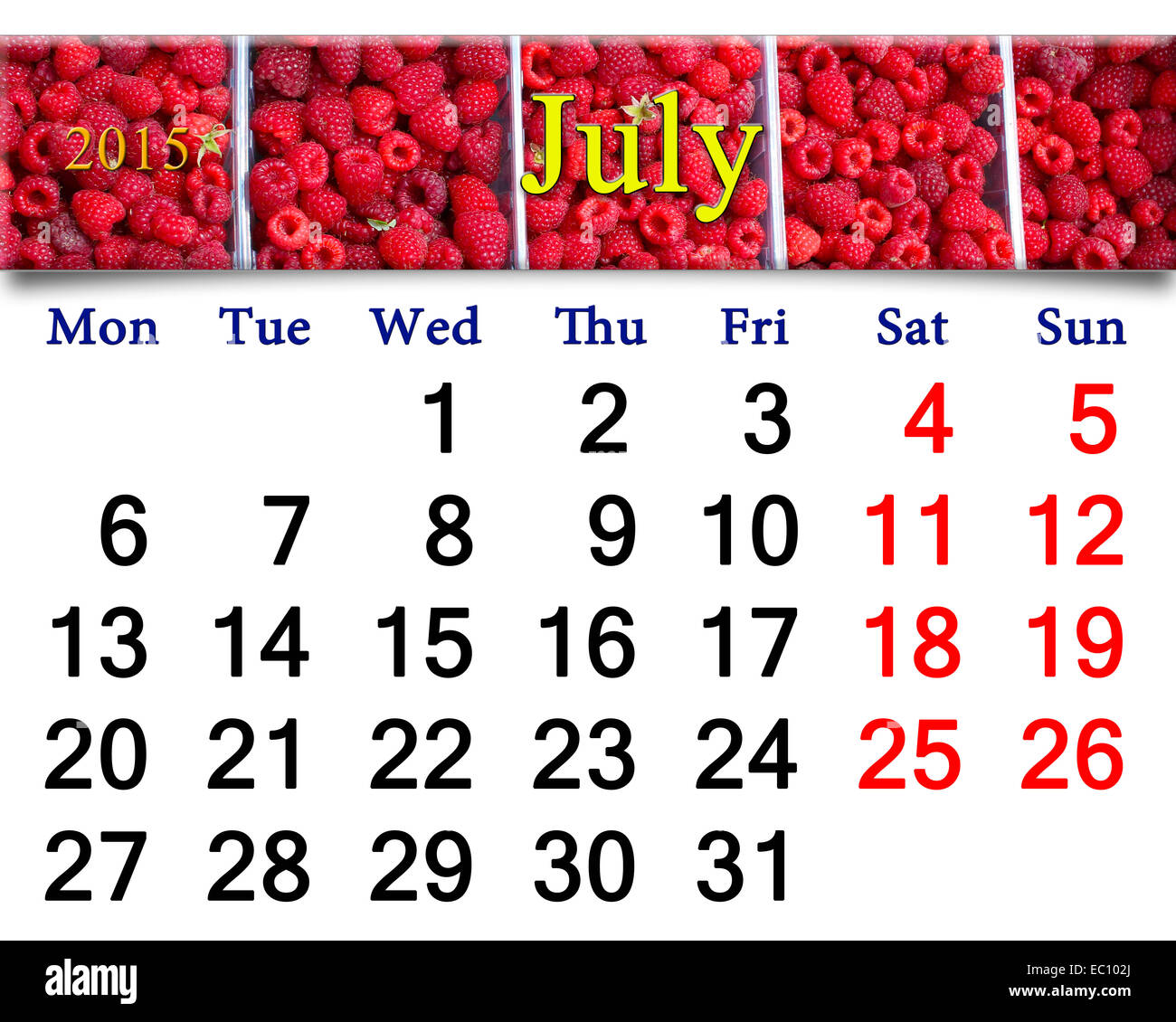 Calendrier pour juillet de l'année 2015 sur l'arrière-plan d'redraspberry mûrs Banque D'Images
